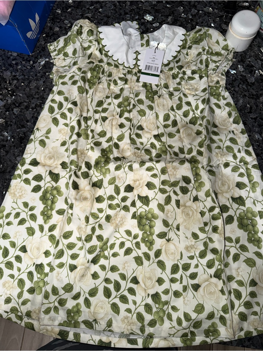 Hermoza Green & White Floral Scalloped Collar Girls Dress
